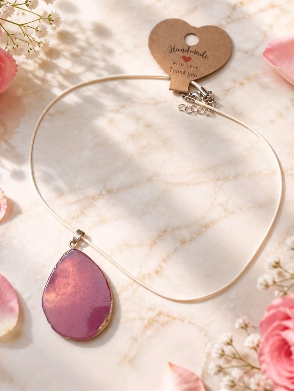 Handcrafted Large Pink Agate Gold tone Framed Pendant Necklace